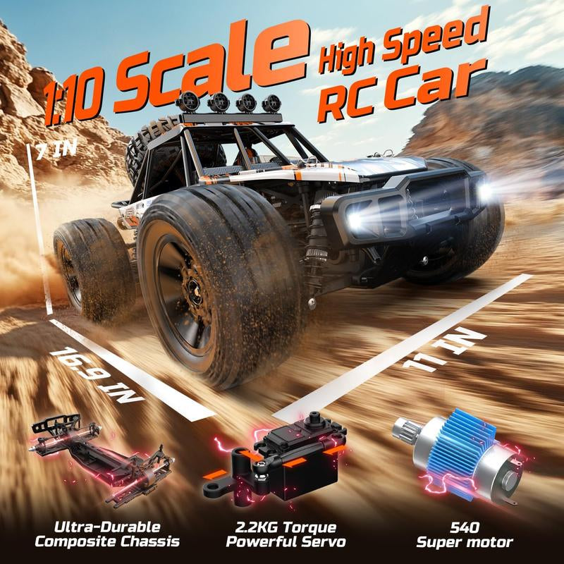 DEERC 1:10 Scale RC Monster Truck, 48KM/H Speed 4X4 Hobby RC Car with Lights, 2 Rechargeable Batteries, 2.4 Ghz All Terrain Car Toys for 30Mins Fun