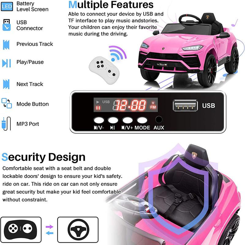 Coclub Lamborghini Urus 12V Electric Powered Ride on Car Toys for Girls Boys, Pink Kids Electric Vehicles Ride on Toys with Remote Control, Foot Pedal, MP3 Player and LED Headlights, CL61, Gift for Boys and Girls