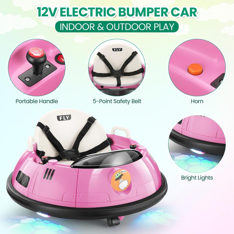 Hikole Ride-Ons Toys Bumper Car with Remote Control for Toddlers - 12V Battery Power, 3 Speeds, 360 Degree Spin, LED Lights, Safety Belt