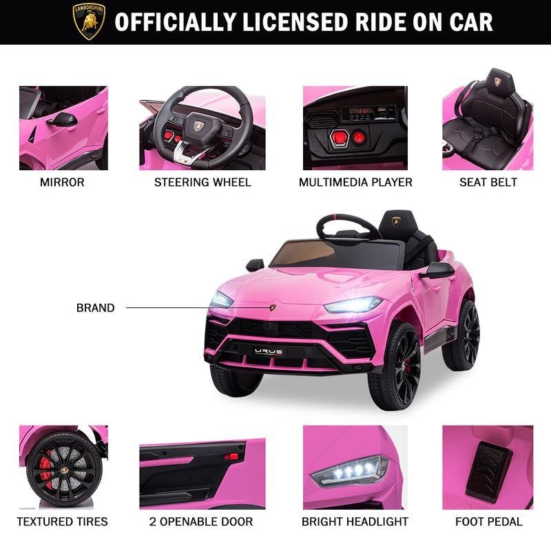Coclub Lamborghini Urus 12V Electric Powered Ride on Car Toys for Girls Boys, Pink Kids Electric Vehicles Ride on Toys with Remote Control, Foot Pedal, MP3 Player and LED Headlights, CL61, Gift for Boys and Girls