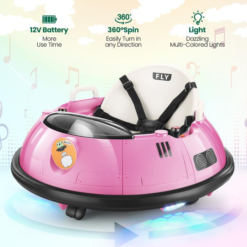 Hikole Ride-Ons Toys Bumper Car with Remote Control for Toddlers - 12V Battery Power, 3 Speeds, 360 Degree Spin, LED Lights, Safety Belt