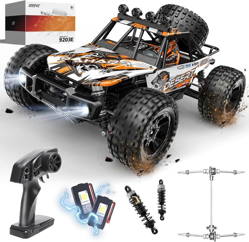 DEERC 1:10 Scale RC Monster Truck, 48KM/H Speed 4X4 Hobby RC Car with Lights, 2 Rechargeable Batteries, 2.4 Ghz All Terrain Car Toys for 30Mins Fun