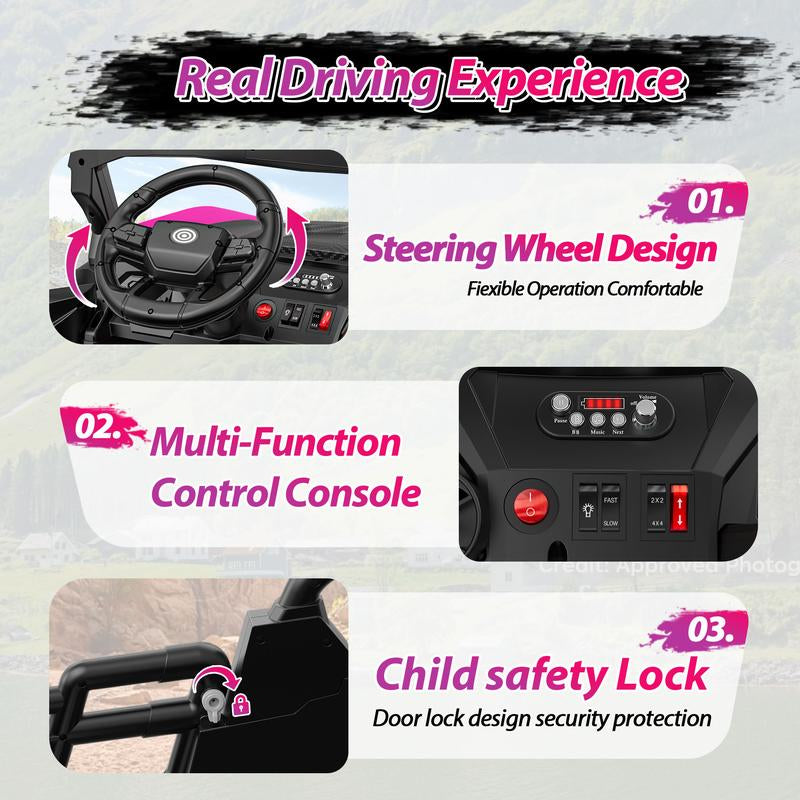 24V 2 Seater Ride on Car Truck, 4X200W, EVA Tires, 4WD/2WD, Rainbow Lights, Remote Control, Shock Absorbers, Bluetooth, Ride on UTV Toy for Kids Atv