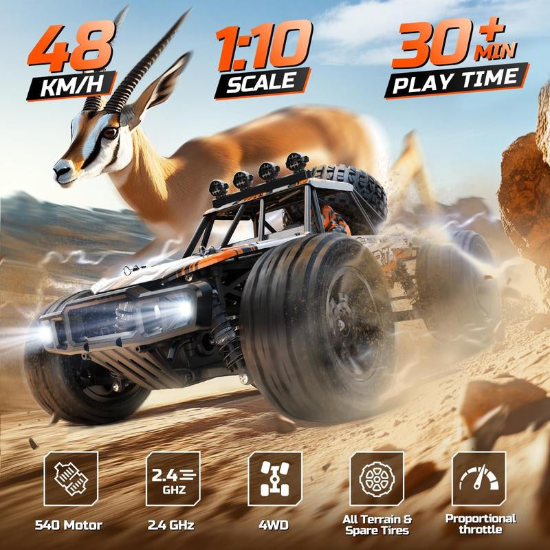 DEERC 1:10 Scale RC Monster Truck, 48KM/H Speed 4X4 Hobby RC Car with Lights, 2 Rechargeable Batteries, 2.4 Ghz All Terrain Car Toys for 30Mins Fun