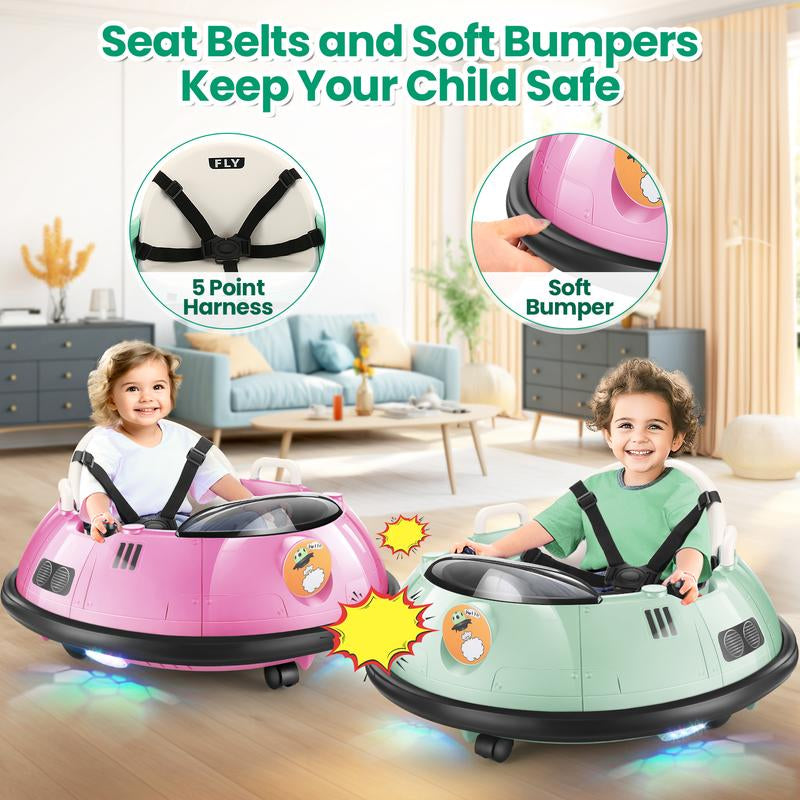 Hikole Ride-Ons Toys Bumper Car with Remote Control for Toddlers - 12V Battery Power, 3 Speeds, 360 Degree Spin, LED Lights, Safety Belt
