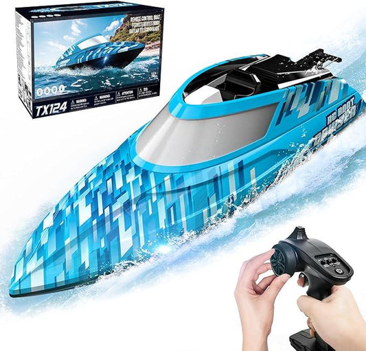 BEZGAR TX124 RC Boat, Brushless Remote Control Boat for Adults, Pool Toys and Water Toys, Fast Speed RC Boat 35+ KPH, Ideal Gifts for Children with 2000Mah Rechargeable Battery for Age 4+ Fast Speed RC Self-Righting Boat